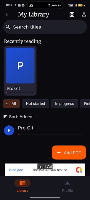 SPAR library with recently read PDFs and listening progress